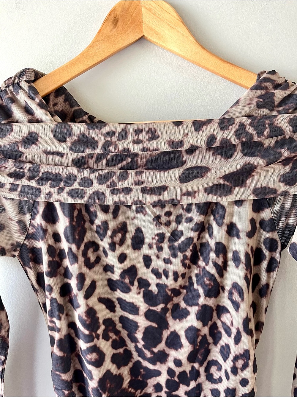 BNWOT ICHI Leopard-print Midi Dress Mesh Ruching Bardot Neck Size Small - Picture 9 of 12
